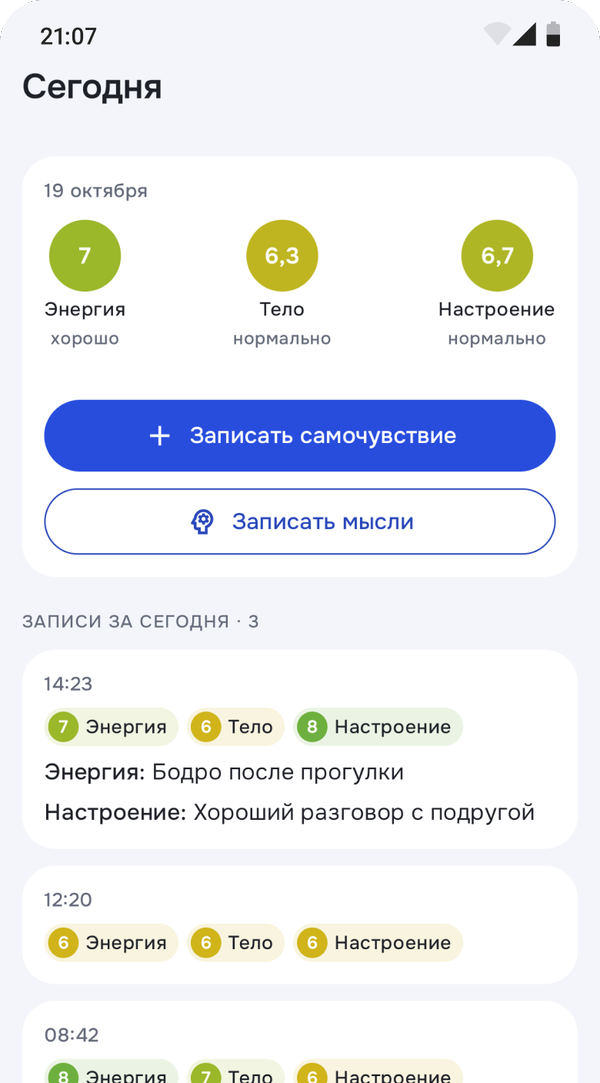 Сегодня: оценки энергии, тела и настроения